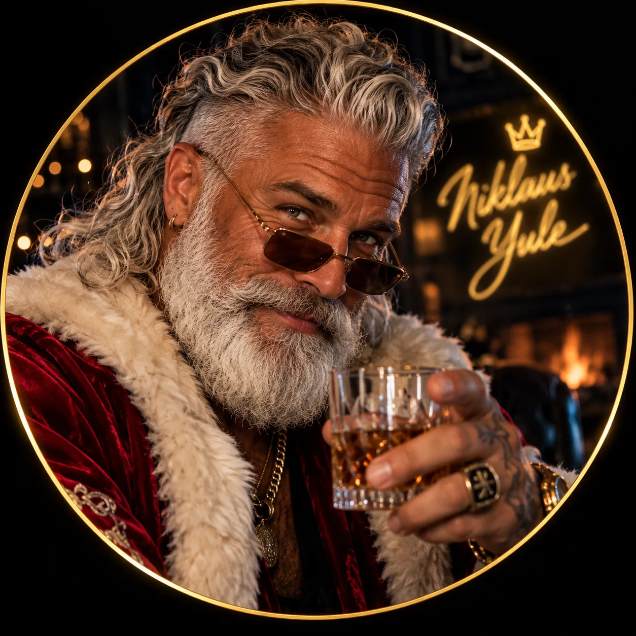Niklaus Yule peering over gold-rimmed sunglasses and raising a glass of whiskey toward the camera, in a crimson velvet robe with an ivory shearling collar. A neon sign behind him reads Niklaus Yule.