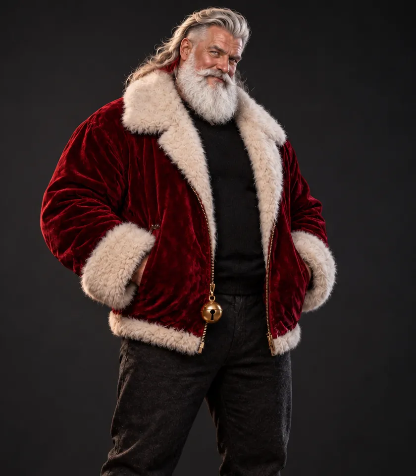 Niklaus Yule, an older Santa with long silver hair and a full white beard, smirking with his hands in the pockets of a crimson velvet jacket trimmed in ivory shearling, over a black sweater, dark trousers, and buckled black boots.